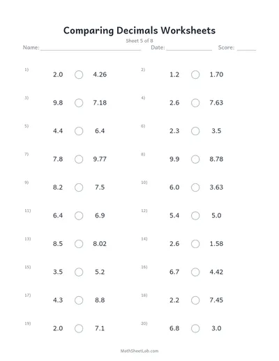 Comparing decimals worksheets — Sheet 5