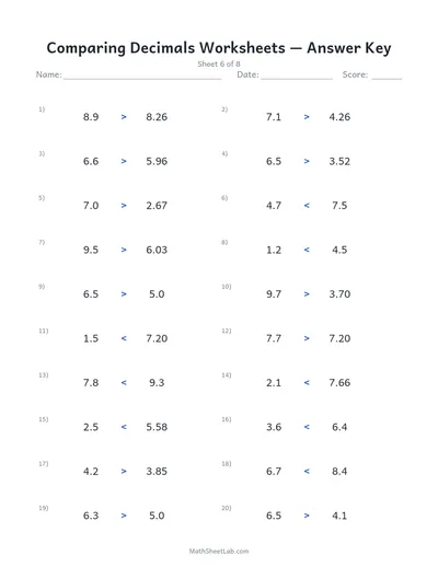 Comparing decimals worksheets — Sheet 6 answers