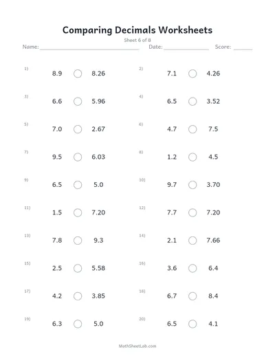 Comparing decimals worksheets — Sheet 6