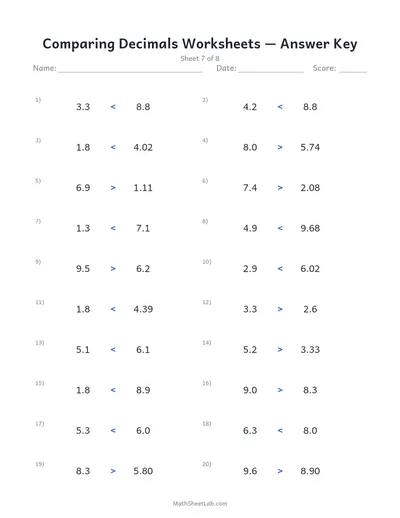 Comparing decimals worksheets — Sheet 7 answers