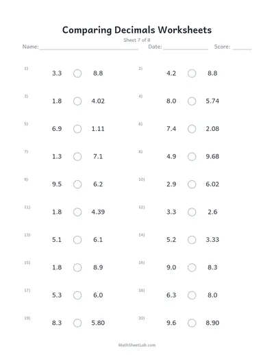 Comparing decimals worksheets — Sheet 7
