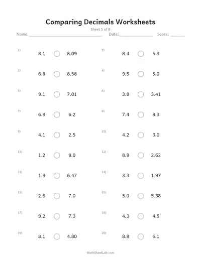 Comparing decimals worksheets — Sheet 1