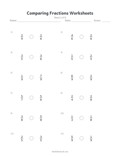 Comparing fractions worksheets — Sheet 2