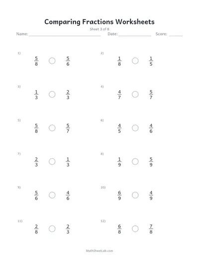Comparing fractions worksheets — Sheet 3