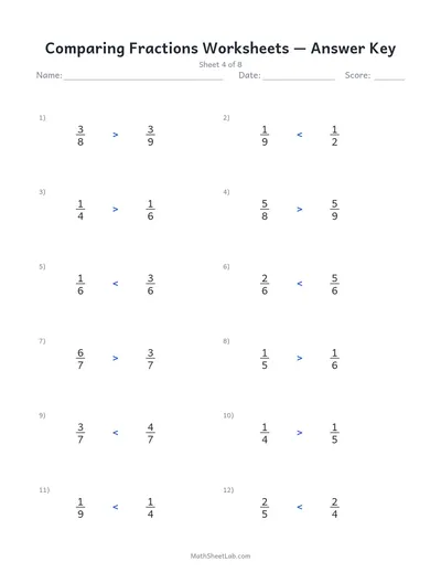 Comparing fractions worksheets — Sheet 4 answers