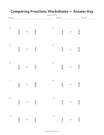 Comparing fractions worksheets — Sheet 5 answers