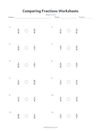 Comparing fractions worksheets — Sheet 5