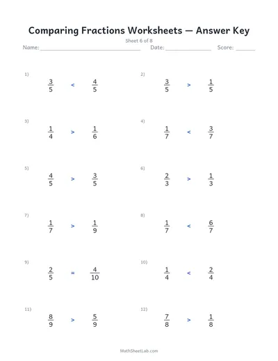 Comparing fractions worksheets — Sheet 6 answers