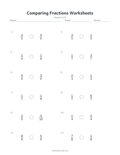 Comparing fractions worksheets — Sheet 6
