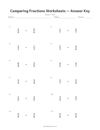 Comparing fractions worksheets — Sheet 7 answers