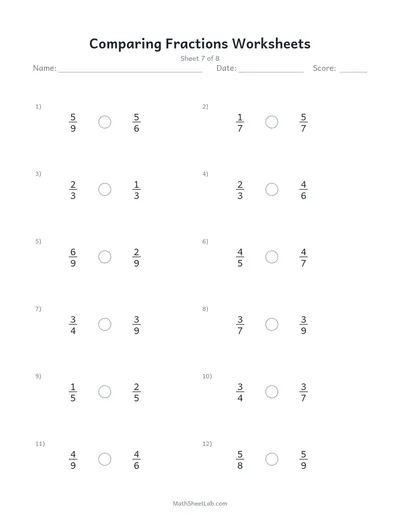 Comparing fractions worksheets — Sheet 7