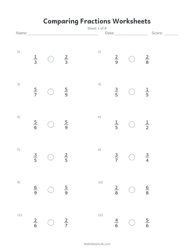 Comparing fractions worksheets — Sheet 1
