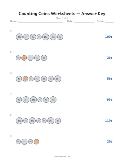 Counting coins worksheets — Sheet 1 answers
