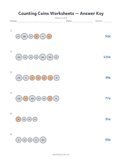Counting coins worksheets — Sheet 2 answers