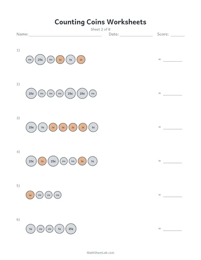 Counting coins worksheets — Sheet 2