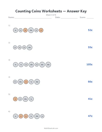 Counting coins worksheets — Sheet 3 answers