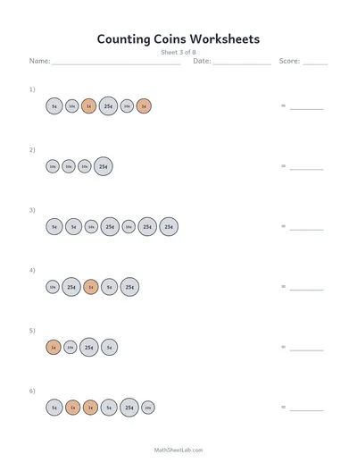 Counting coins worksheets — Sheet 3