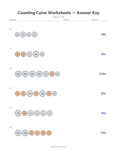 Counting coins worksheets — Sheet 4 answers