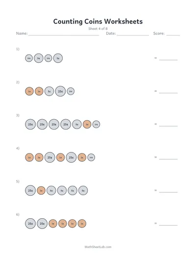 Counting coins worksheets — Sheet 4