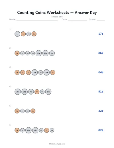 Counting coins worksheets — Sheet 5 answers