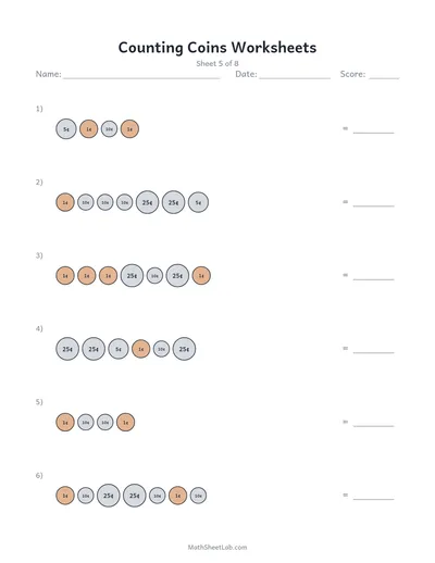 Counting coins worksheets — Sheet 5