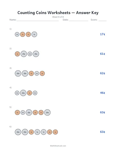 Counting coins worksheets — Sheet 6 answers