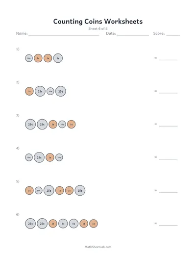 Counting coins worksheets — Sheet 6
