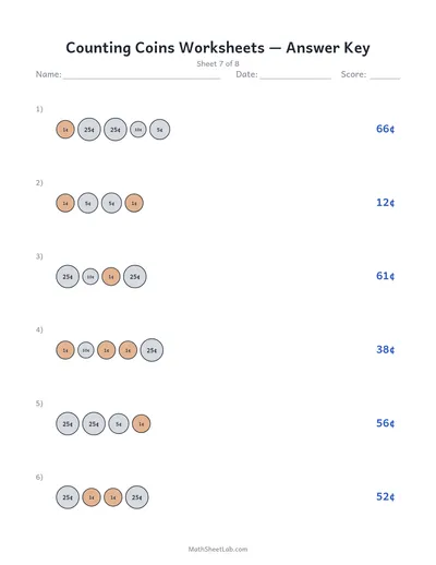 Counting coins worksheets — Sheet 7 answers