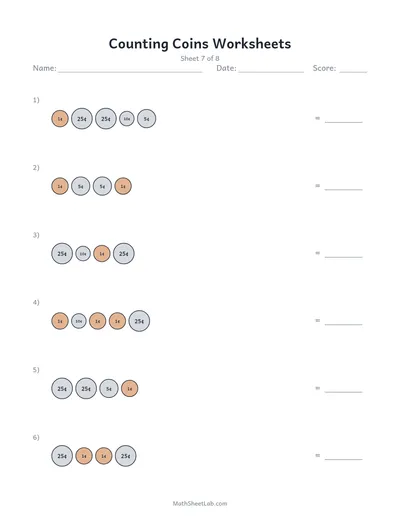 Counting coins worksheets — Sheet 7