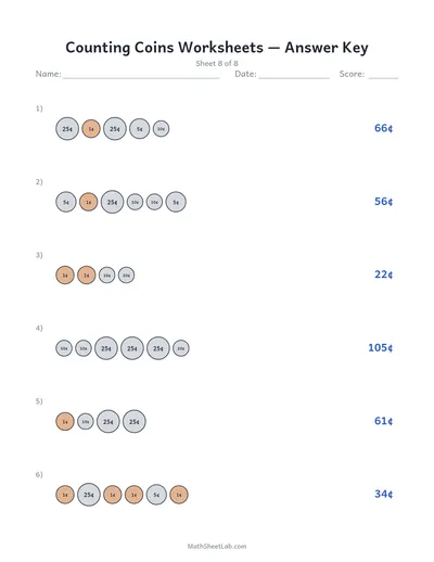 Counting coins worksheets — Sheet 8 answers