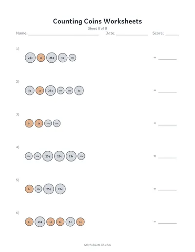 Counting coins worksheets — Sheet 8