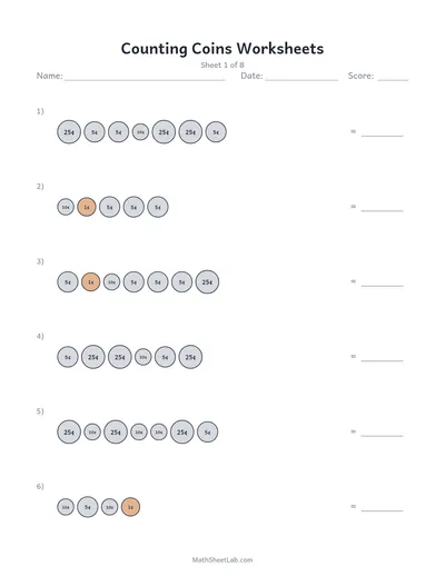 Counting coins worksheets — Sheet 1