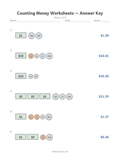 Counting money worksheets — Sheet 1 answers