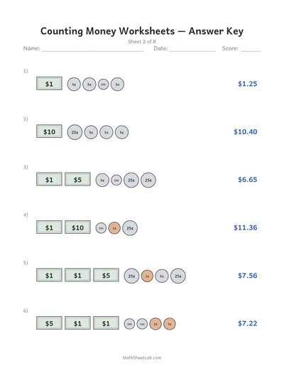 Counting money worksheets — Sheet 2 answers