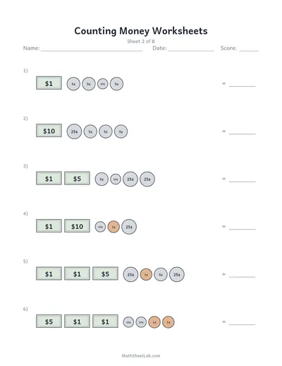 Counting money worksheets — Sheet 2