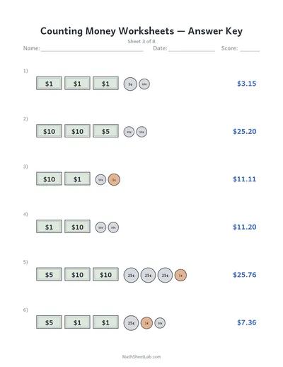 Counting money worksheets — Sheet 3 answers