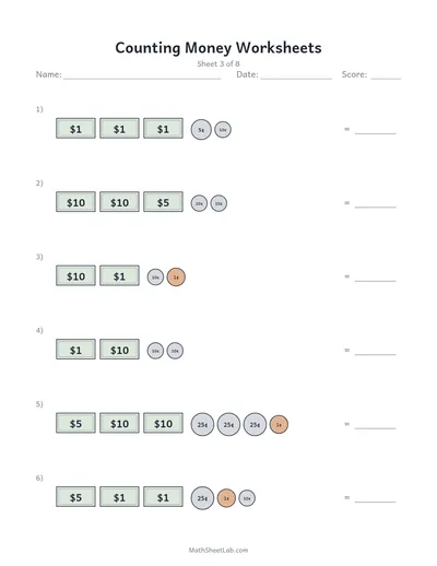 Counting money worksheets — Sheet 3