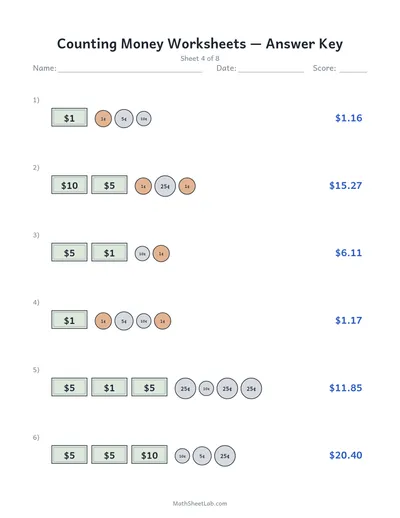 Counting money worksheets — Sheet 4 answers