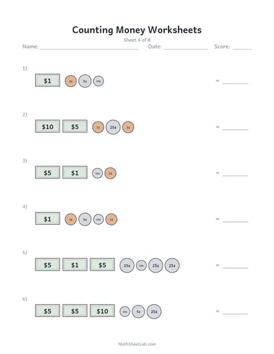 Counting money worksheets — Sheet 4