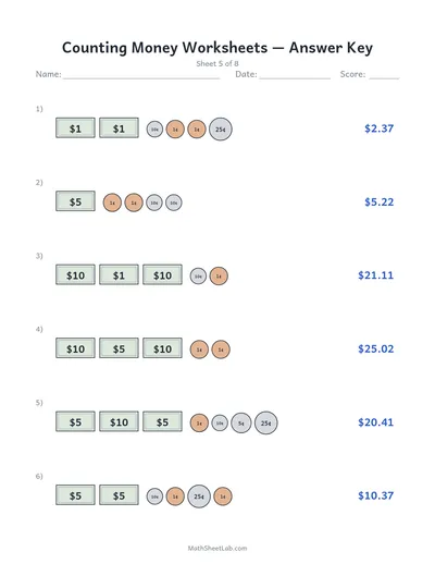 Counting money worksheets — Sheet 5 answers
