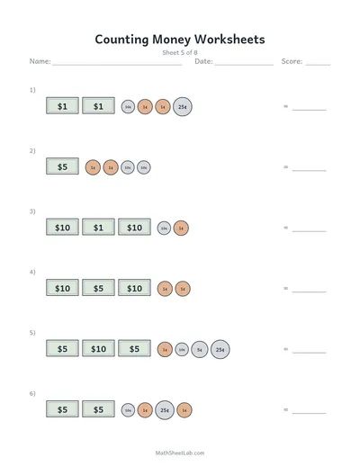 Counting money worksheets — Sheet 5