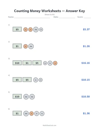 Counting money worksheets — Sheet 6 answers