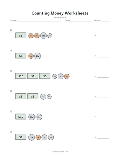 Counting money worksheets — Sheet 6