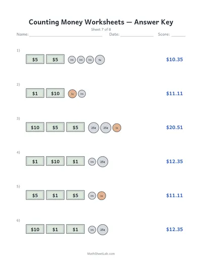 Counting money worksheets — Sheet 7 answers