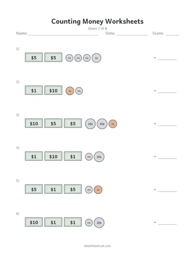 Counting money worksheets — Sheet 7