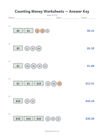 Counting money worksheets — Sheet 8 answers