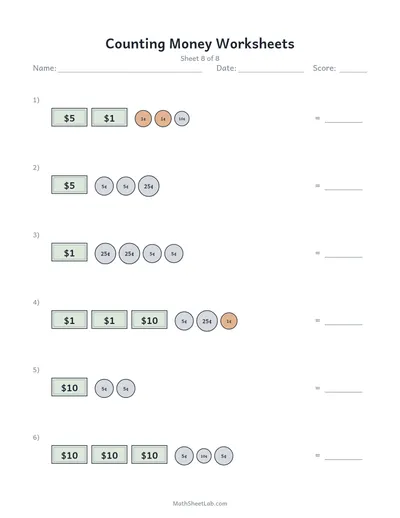Counting money worksheets — Sheet 8