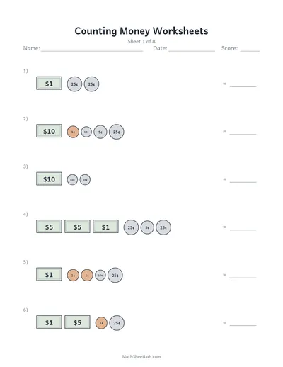 Counting money worksheets — Sheet 1