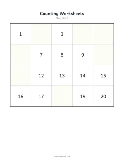 Counting worksheets (1–20) — Sheet 3