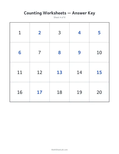 Counting worksheets (1–20) — Sheet 4 answers